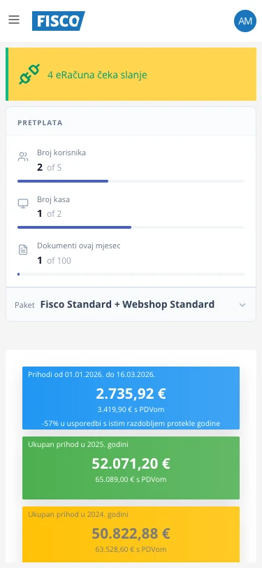 Mobilni prikaz FISCO aplikacije za OPG