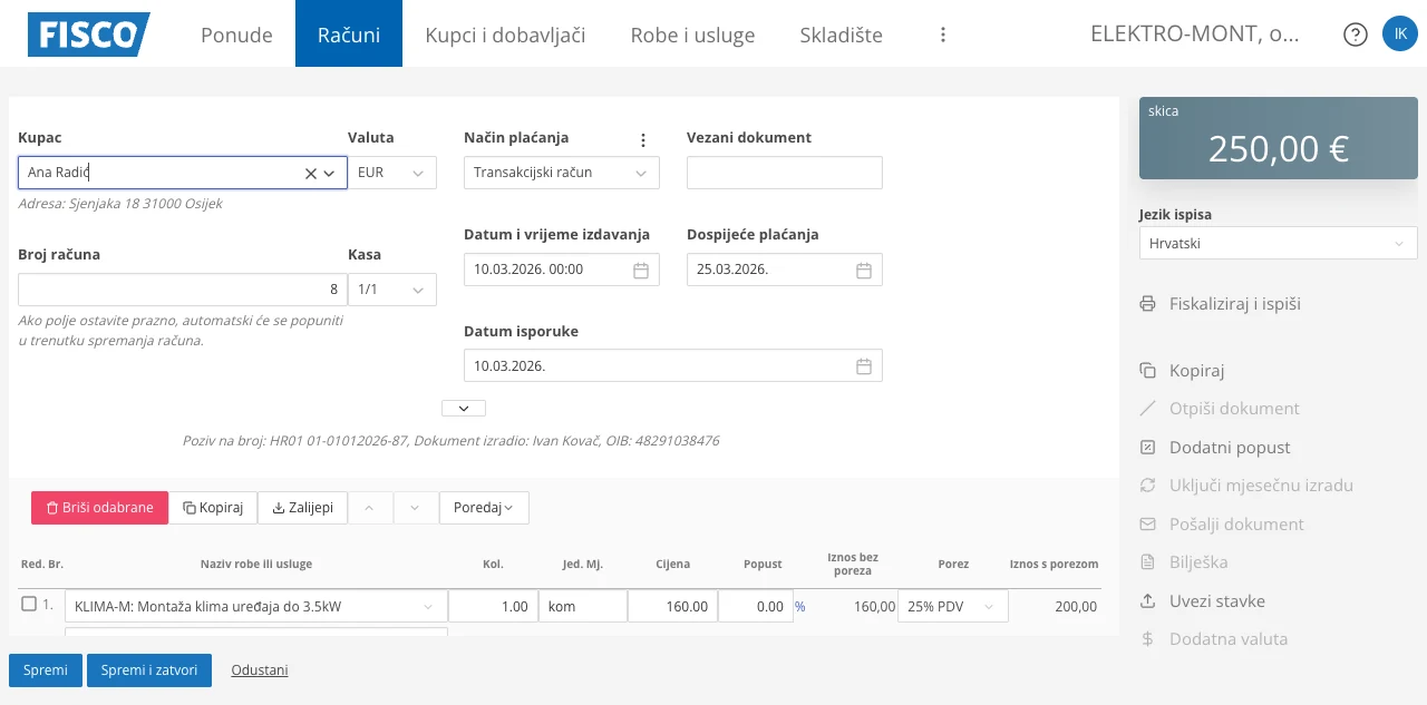 Izdavanje računa za obrt u FISCO-u