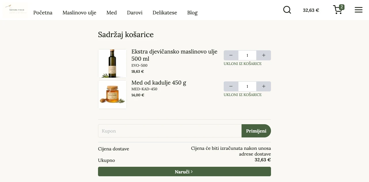 Košarica s proizvodima, kuponom i ukupnim iznosom