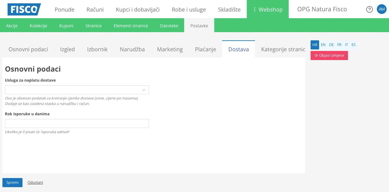 Postavke dostave i zona u FISCO sučelju